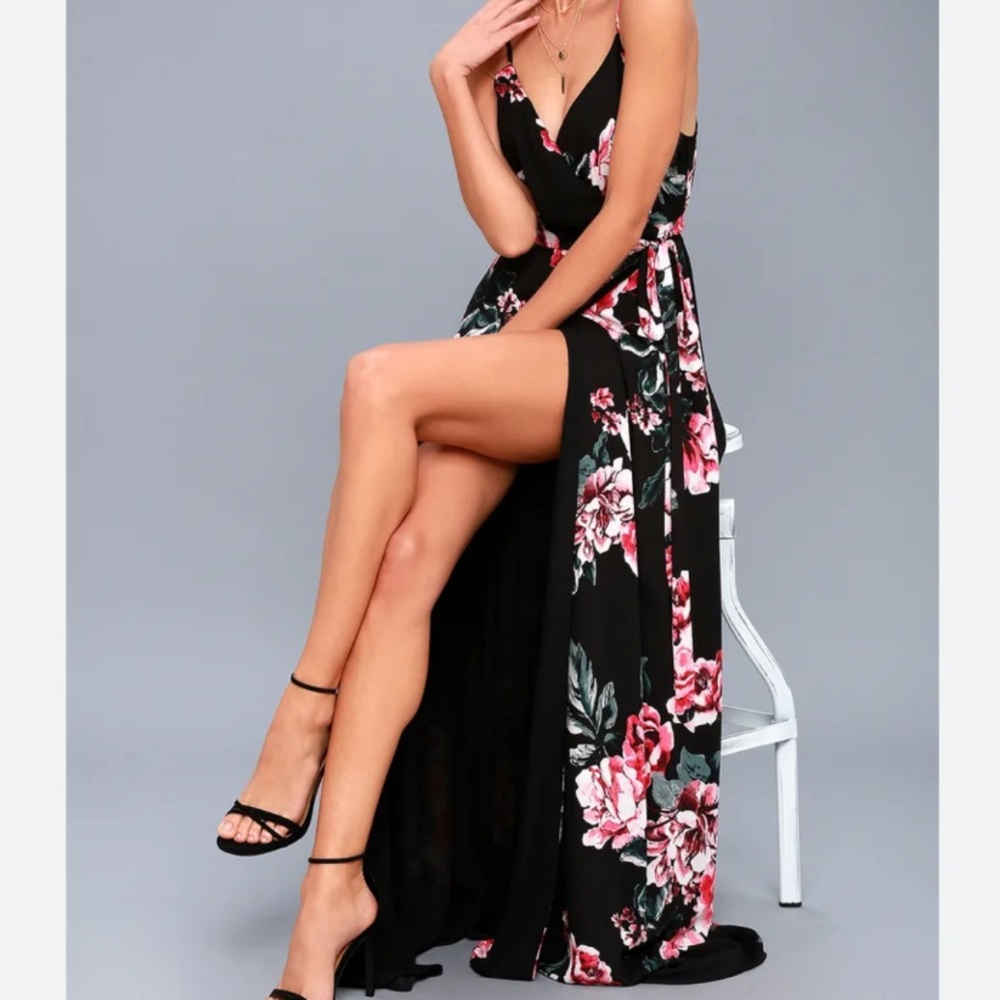 Lulu’s Floral Flirtation Black Floral Print Wrap Maxi Dress